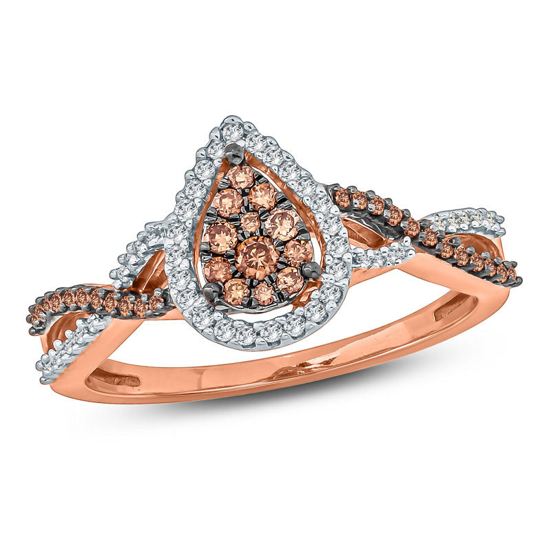 1/3 CT. T.W. Champagne and White Diamond Pear-Shaped Frame Twist Ring in 10K Rose Gold