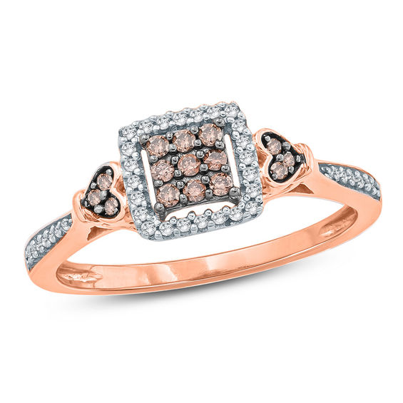 1/4 CT. T.w. Composite Champagne and White Diamond Cushion Frame Heart Sides Promise Ring in 10K Rose Gold