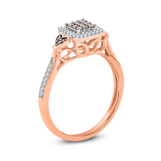 1/4 CT. T.w. Composite Champagne and White Diamond Cushion Frame Heart Sides Promise Ring in 10K Rose Gold
