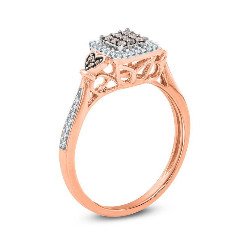 Main Image 2 of 1/4 CT. T.W. Composite Champagne and White Diamond Cushion Frame Heart Sides Promise Ring in 10K Rose Gold