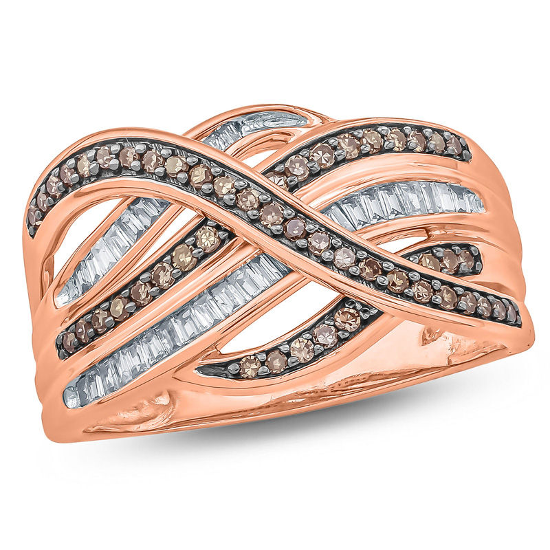 1/2 CT. T.W. Champagne and White Diamond Crossover Ring in 10K Rose Gold