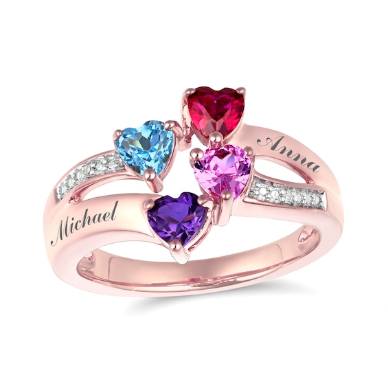Mother's 4.0mm Heart-Shaped Birthstone and Diamond Accent Split Shank Ring (4 Stones and Names)