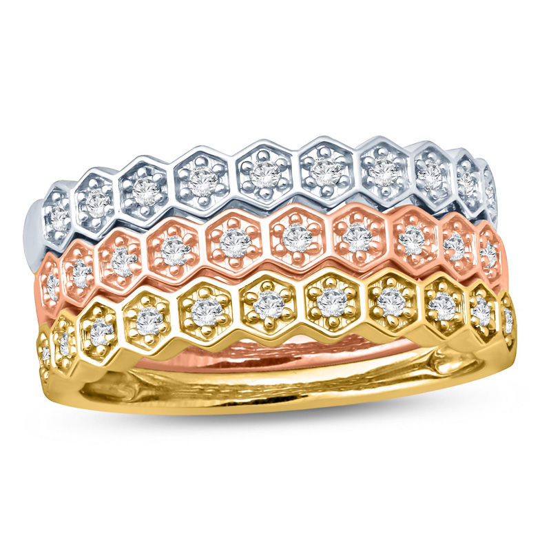 1/4 CT. T.W. Diamond Honeycomb Three Piece Stackable Band Set in 10K Tri-Tone Gold