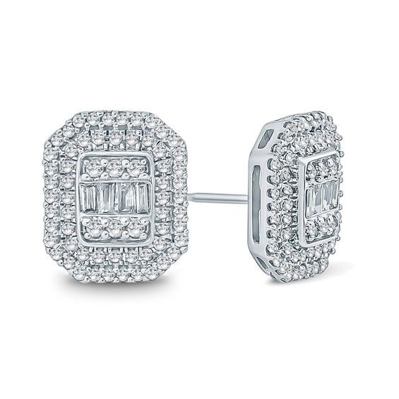 1/2 CT. T.w. Baguette and Round Multi-Diamond Octagon Frame Stud Earrings in 10K White Gold