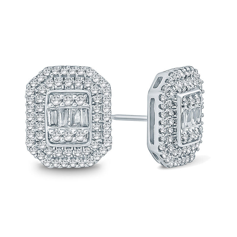 Main Image 1 of 1/2 CT. T.W. Baguette and Round Multi-Diamond Octagon Frame Stud Earrings in 10K White Gold