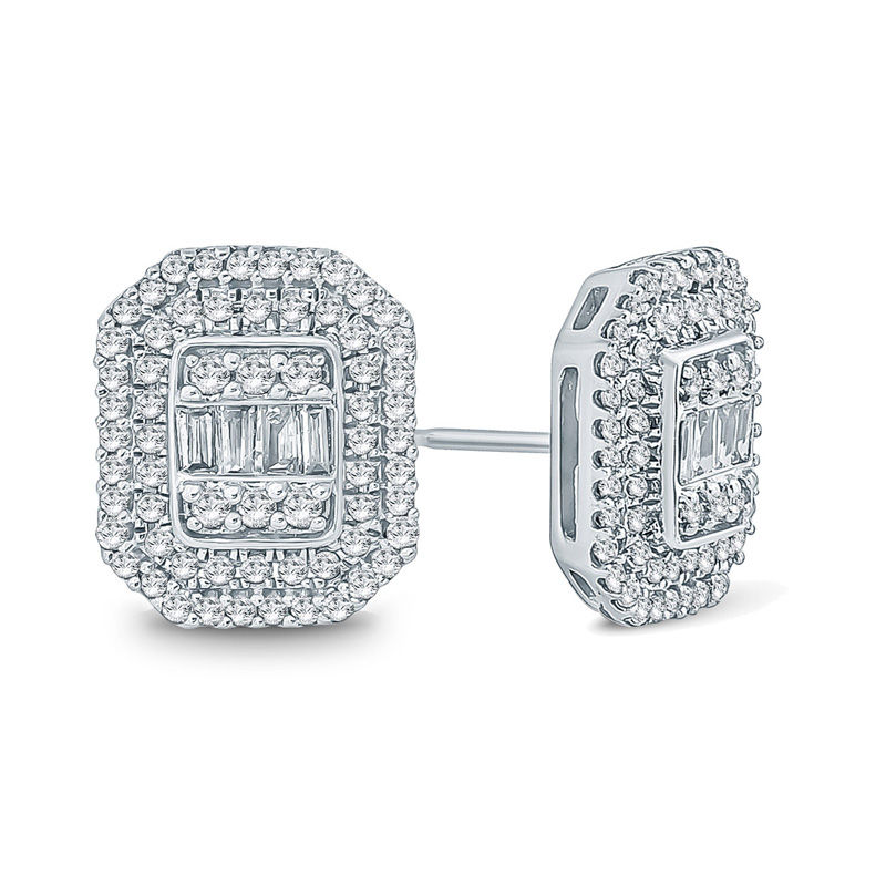 1/2 CT. T.W. Baguette and Round Multi-Diamond Octagon Frame Stud Earrings in 10K White Gold