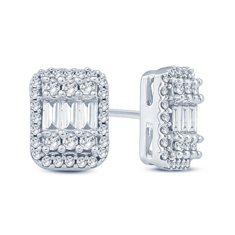 Main Image 1 of 1/2 CT. T.W. Baguette and Round Multi-Diamond Cushion Frame Stud Earrings in 10K White Gold