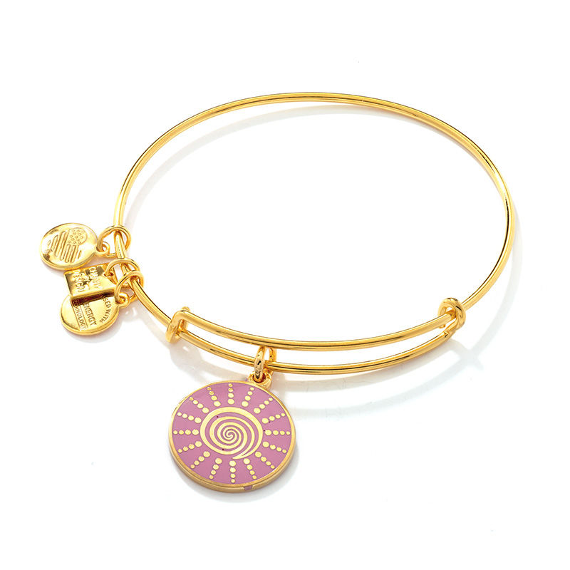 Main Image 1 of Alex and Ani Pink Epoxy Spiral Sun Charm Bangle in Brass with Gold Electroplate