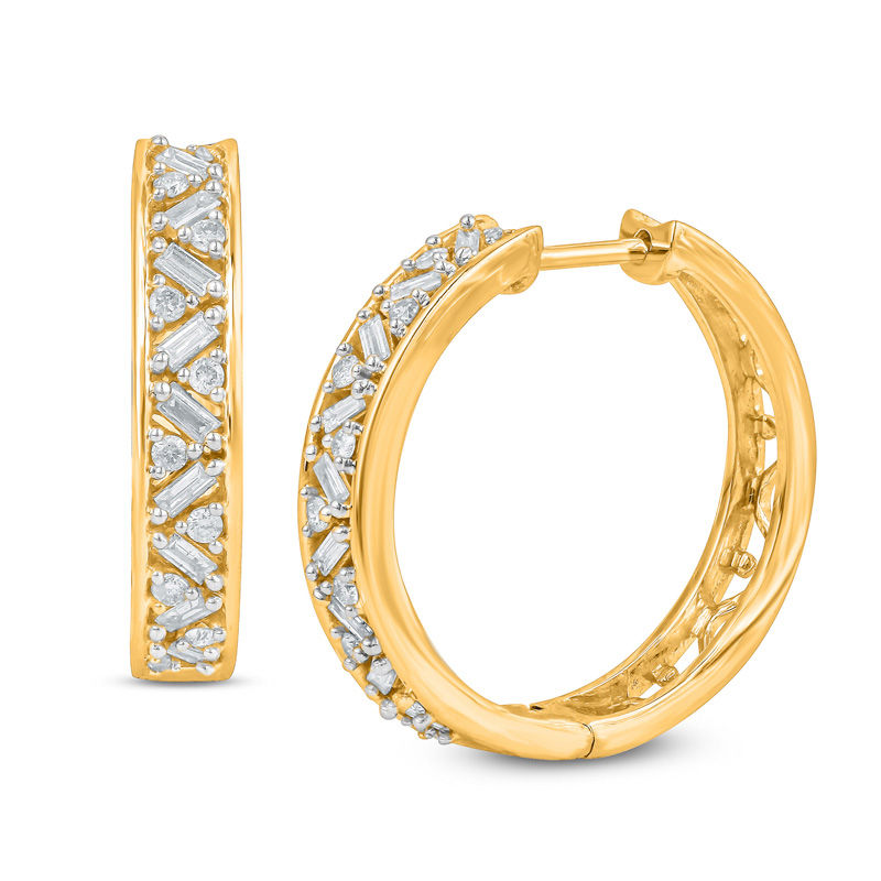 Main Image 1 of 1/2 CT. T.W. Baguette and Round Diamond Hoop Earrings in 10K Gold