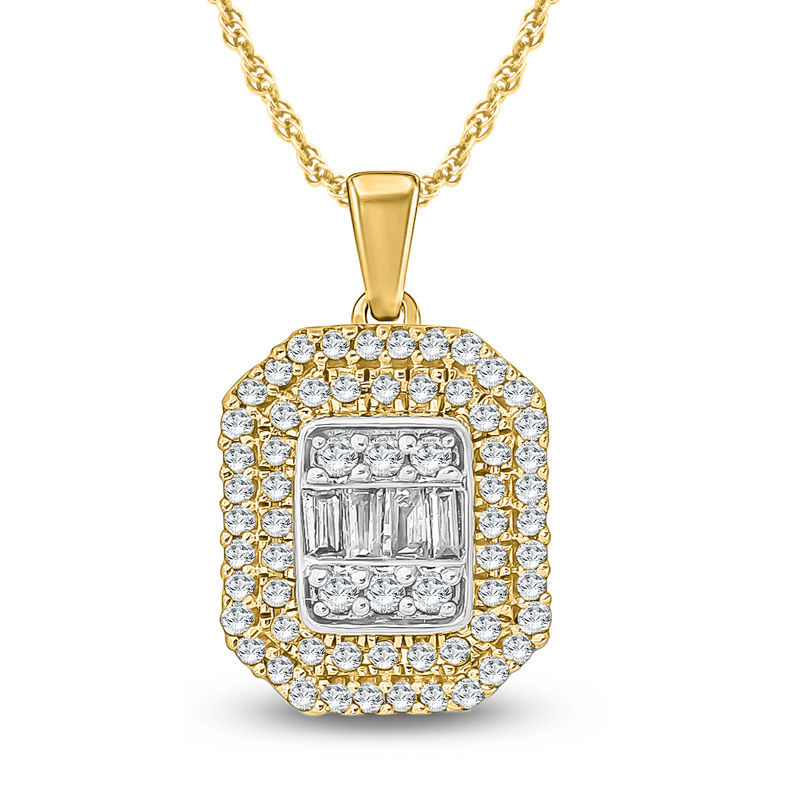 1/3 CT. T.W. Baguette and Round Multi-Diamond Octagon Frame Pendant in 10K Gold