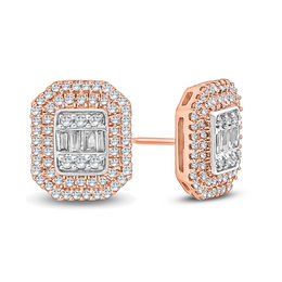 1/2 CT. T.W. Baguette and Round Multi-Diamond Octagon Frame Stud Earrings in 10K Rose Gold