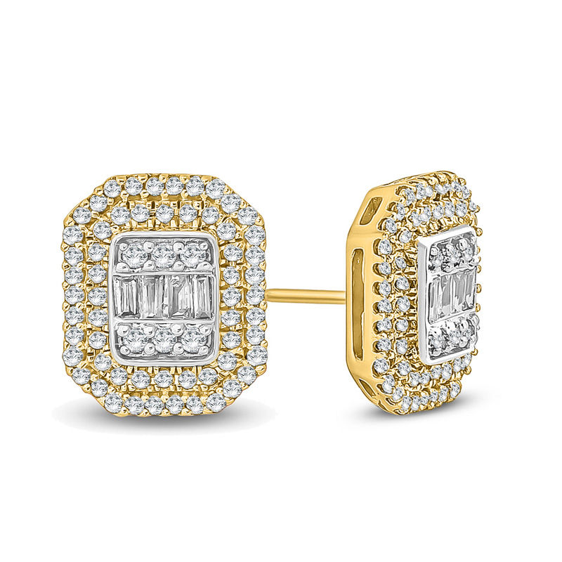 1/2 CT. T.W. Baguette and Round Multi-Diamond Octagon Frame Stud Earrings in 10K Gold