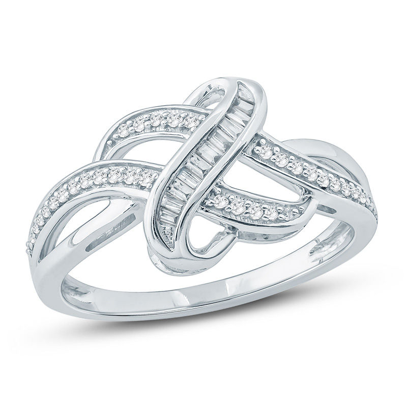 Main Image 1 of 1/5 CT. T.W. Baguette and Round Diamond Crossover Ring in Sterling Silver