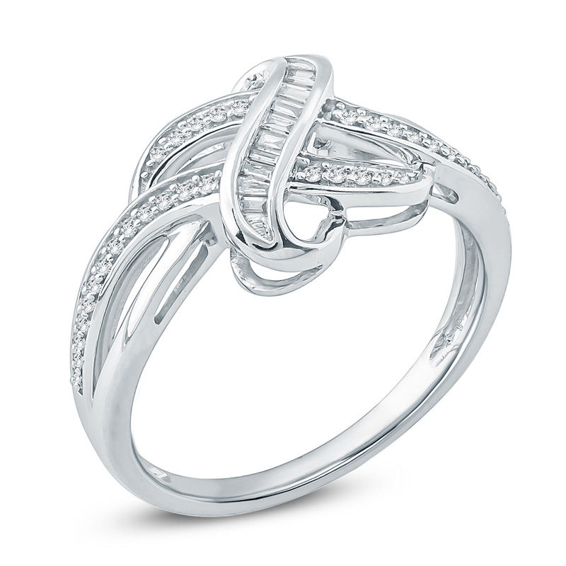 Main Image 2 of 1/5 CT. T.W. Baguette and Round Diamond Crossover Ring in Sterling Silver