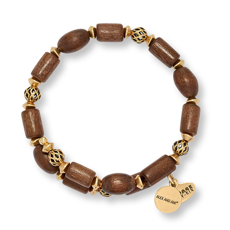 Main Image 1 of Alex and Ani Woodland Hush Ebony Wood Beaded Wrap Bangle in Gold-Tone Brass