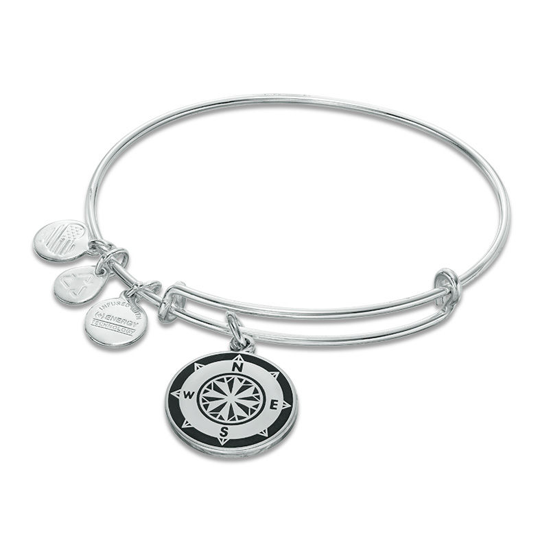 Main Image 1 of Alex and Ani Green Epoxy Compass Charm Bangle in Brass with Silver Electroplate