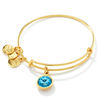 Thumbnail Image 0 of Alex and Ani Light Blue Crystal March Birthstone Charm Bangle in Brass with Gold Electroplate