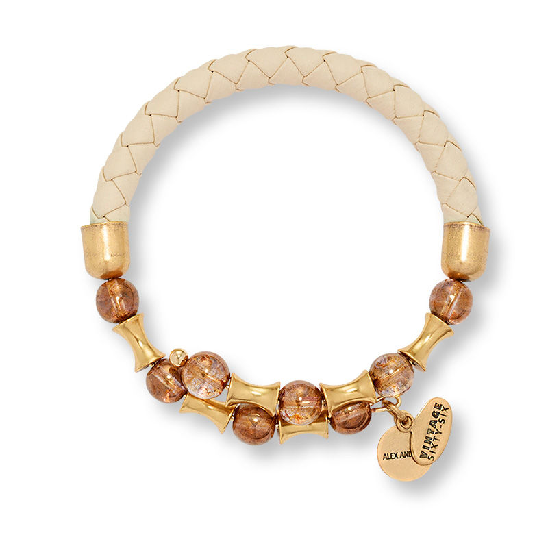 Main Image 1 of Alex and Ani Rooted Mystery Cream Leather and Brown Glass Beaded Wrap Bangle in Gold-Tone Brass