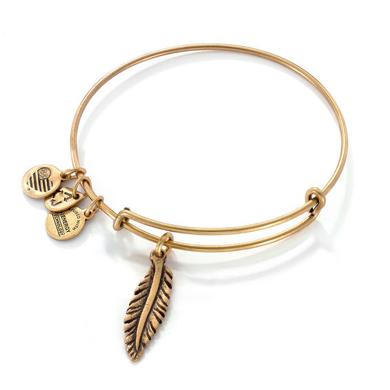Zales Alex and Ani Feather Charm Bangle in Gold Tone Brass