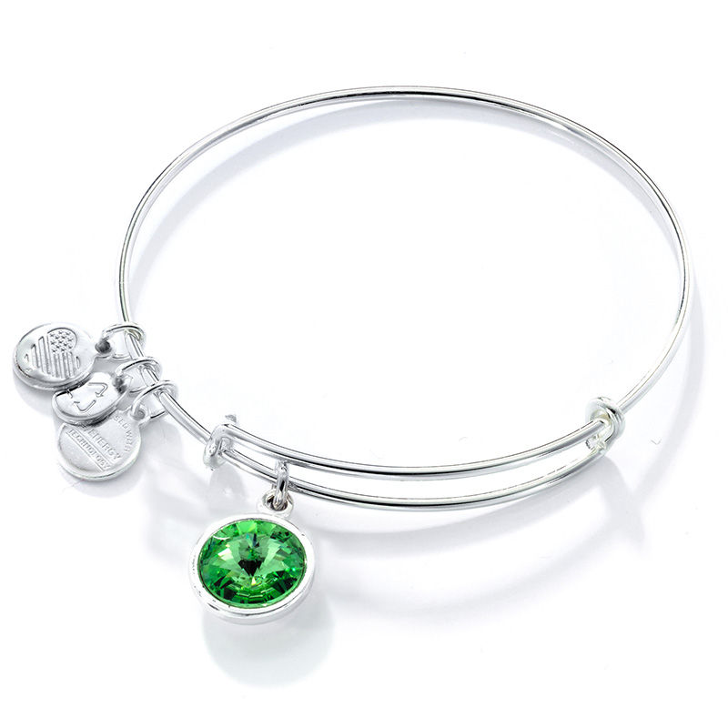 Main Image 1 of Alex and Ani Green Crystal August Birthstone Charm Bangle in Brass with Silver Electroplate