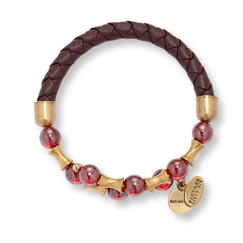 Main Image 1 of Alex and Ani Rooted Mystery Brown Leather and Red Glass Bead Wrap Bangle in Gold-Tone Brass