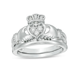 1/10 CT. T.W. Composite Diamond Claddagh Bridal Set in 10K White Gold