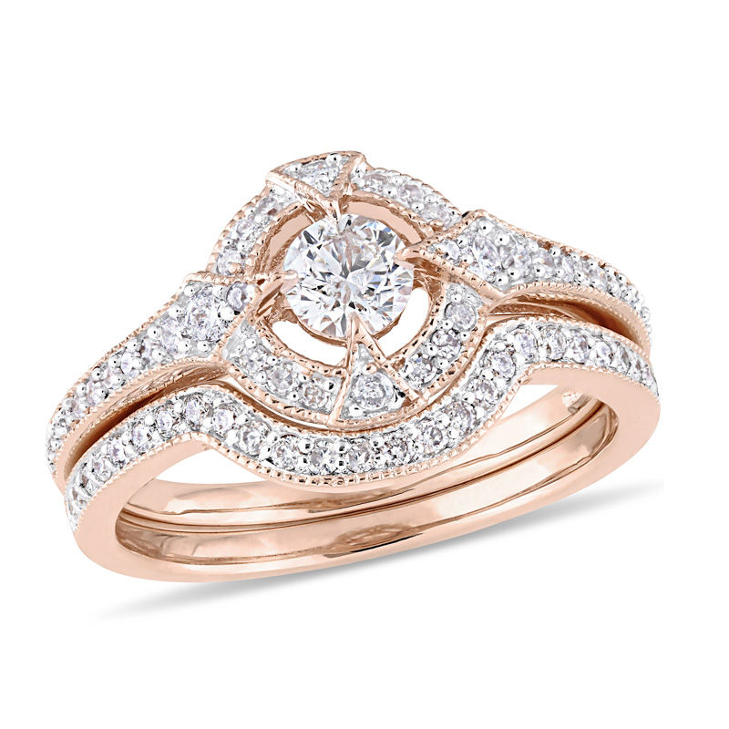 3/4 CT. T.W. Diamond Frame Vintage-Style Bridal Set in 10K Rose Gold ...