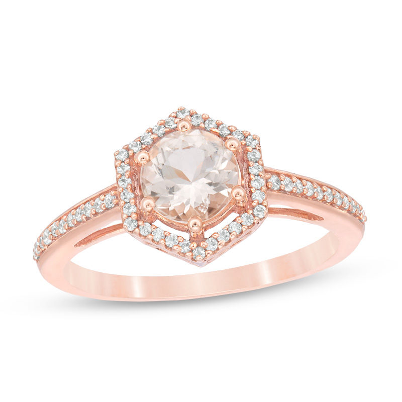 6.0mm Morganite and 1/10 CT. T.W. Diamond Hexagon Frame Ring in 10K Rose Gold