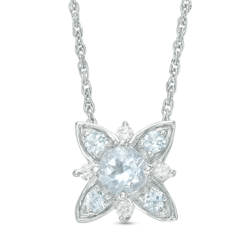 Aquamarine and 1/20 CT. T.W. Diamond Flower Necklace in Sterling Silver