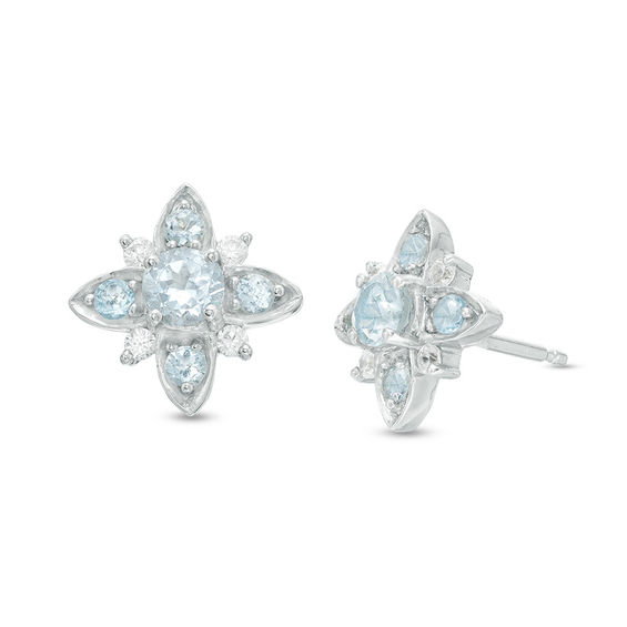 Aquamarine and 1/10 CT. T.W. Diamond Flower Stud Earrings in Sterling