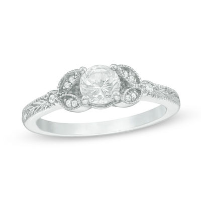 5 0mm Lab Created White Sapphire And Diamond Accent Leaf Sides Vintage Style Engagement Ring In Sterling Silver Zales