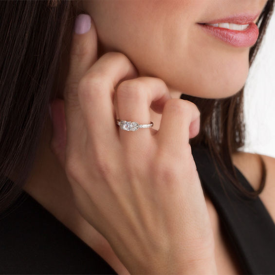 5.0mm Lab-Created White Sapphire and Diamond Accent Leaf-Sides Vintage-Style Engagement Ring in Sterling 5.0mm Lab-Created White Sapphire and Diamond Accent Leaf-Sides Vintage-Style Engagement Ring in Sterling Silver