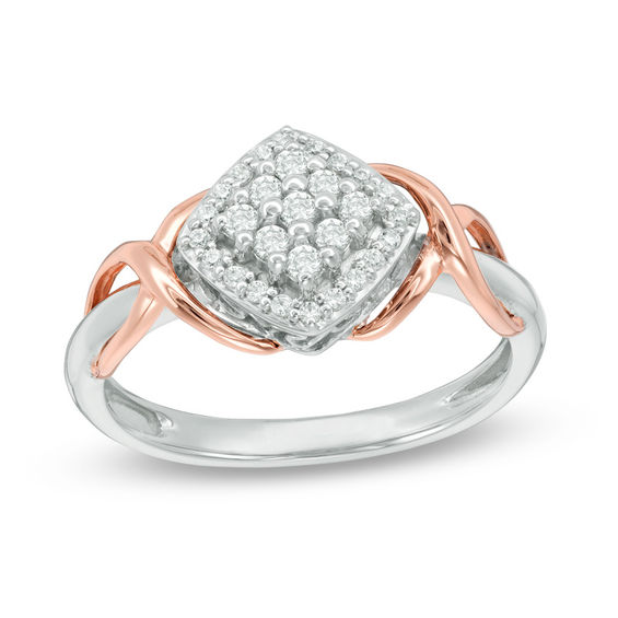 1/4 CT. T.w. Composite Diamond Tilted Cushion Frame "X"-Sides Ring in 10K Two-Tone Gold