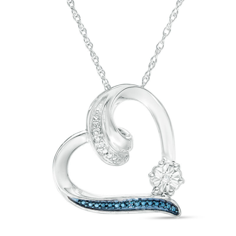 Enhanced Blue and White Diamond Accent Swirl Heart Pendant in Sterling Silver