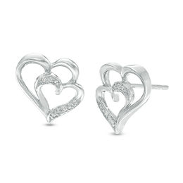 Diamond Accent Double Heart Stud Earrings in Sterling Silver