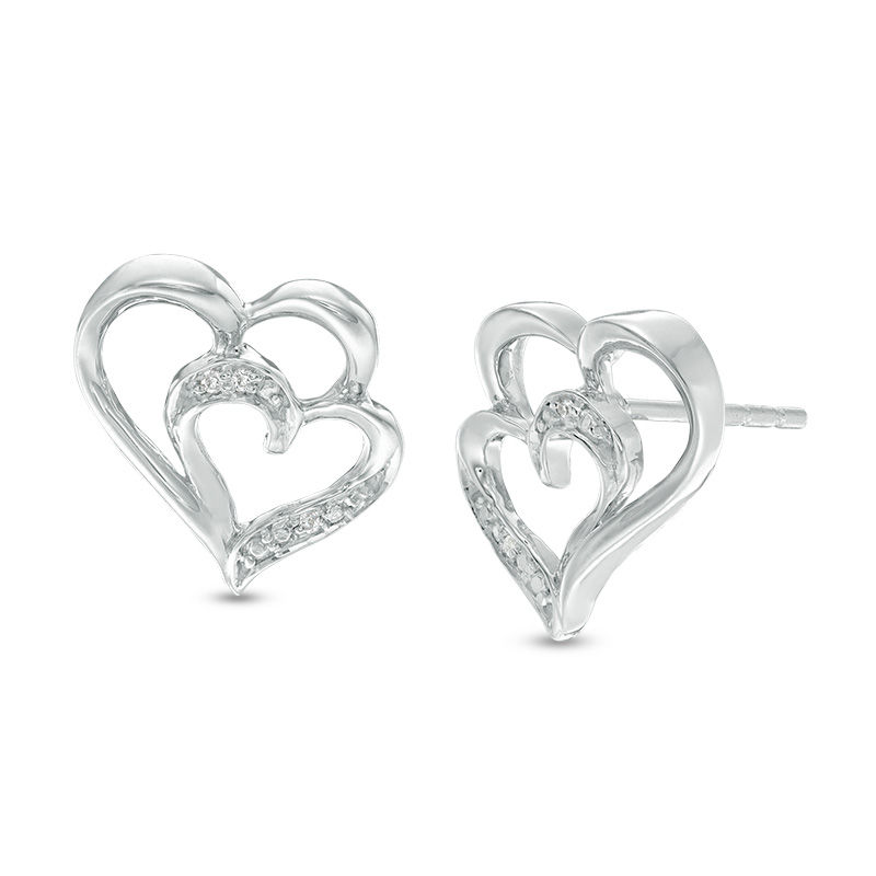 Main Image 1 of Diamond Accent Double Heart Stud Earrings in Sterling Silver