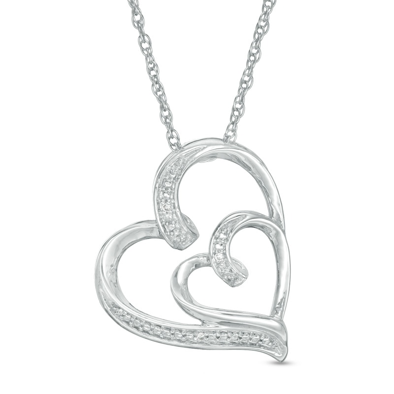 Main Image 1 of Diamond Accent Double Ribbon Hearts Pendant in Sterling Silver