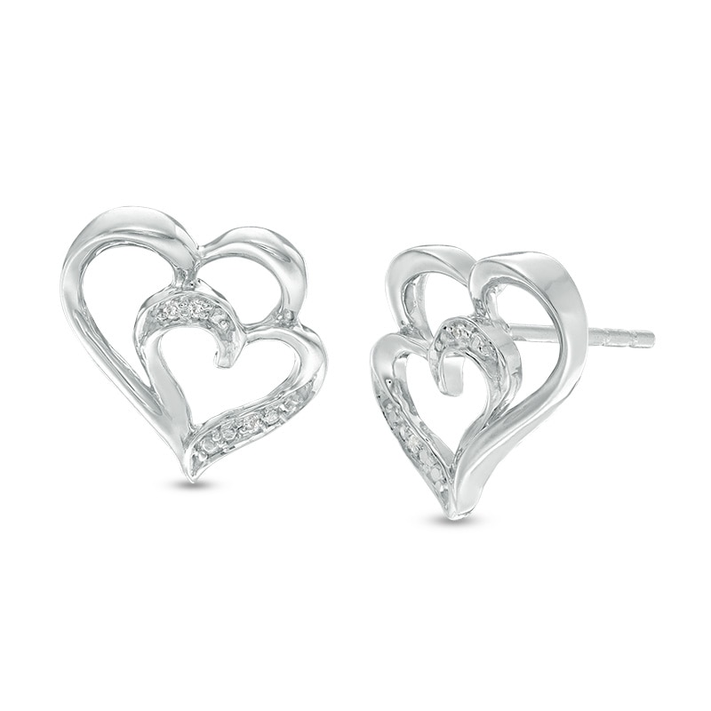 Main Image 1 of Diamond Accent Double Heart Stud Earrings in Sterling Silver