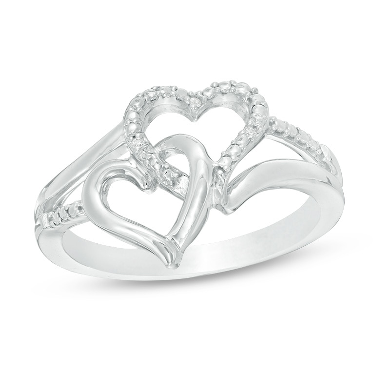 Main Image 1 of Diamond Accent Interlocking Double Hearts Ring in Sterling Silver