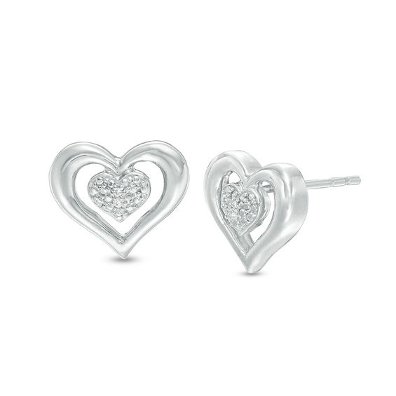Diamond Accent Double Heart Stud Earrings In Sterling Silver Diamond Accent Double Heart Stud Earrings In Sterling Silver