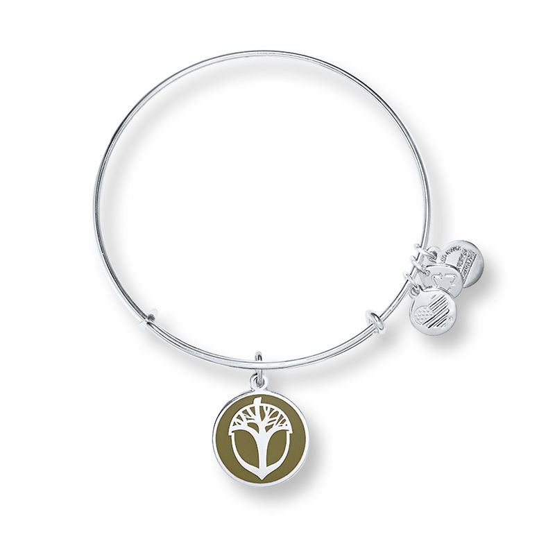 Main Image 1 of Alex and Ani Green Epoxy Unexpected Miracles Tree Charm Bangle in Brass with Silver Electroplate