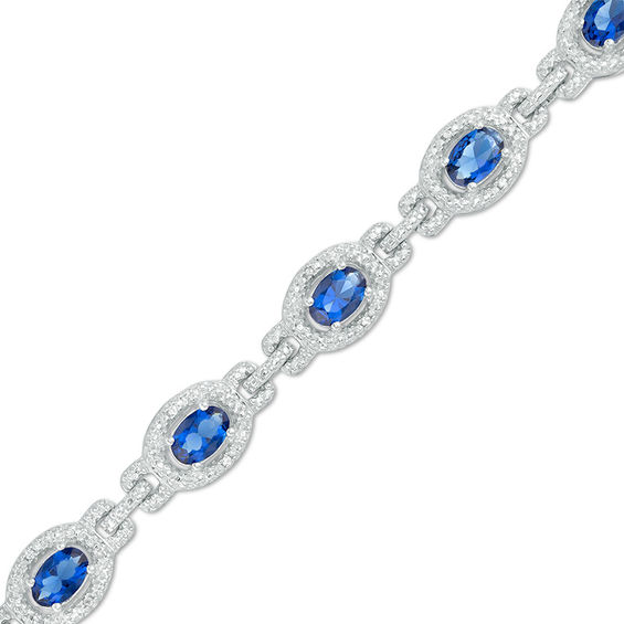 Oval Lab-Created Blue Sapphire and 1/20 CT. T.w. Diamond Frame Link Bracelet in Sterling Silver - 7.5"