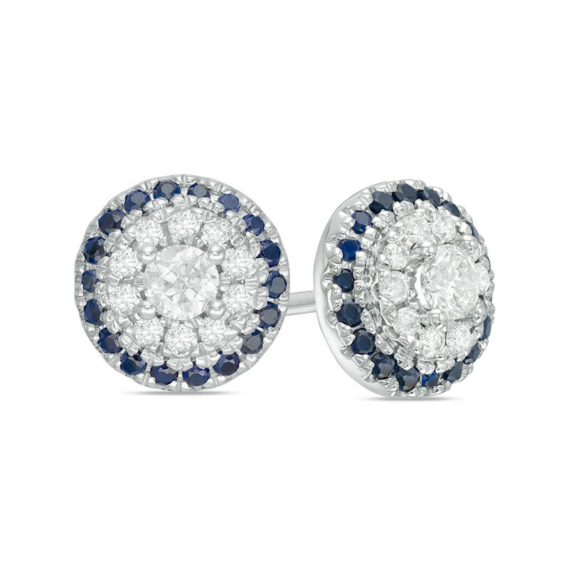 Main Image 1 of Vera Wang Love Collection 1/4 CT. T.W. Diamond and Blue Sapphire Frame Stud Earrings in 14K White Gold