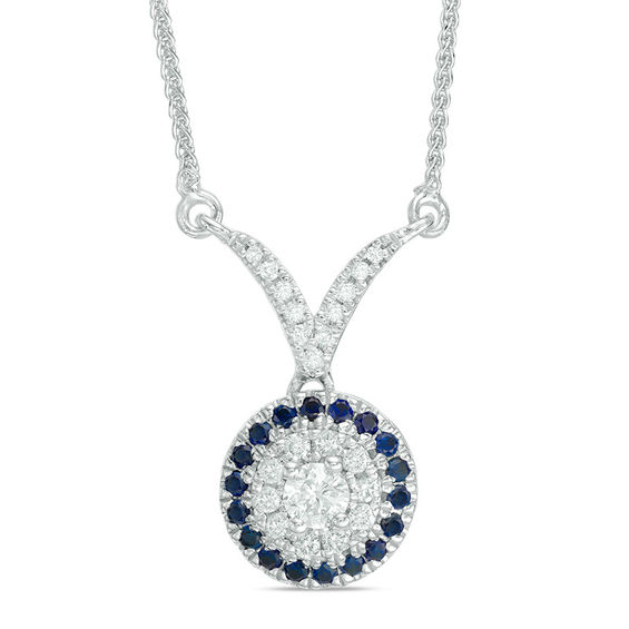 Vera Wang Love Collection 1/5 CT. T.w. Diamond and Blue Sapphire Frame Chevron Necklace in 14K White Gold - 19"