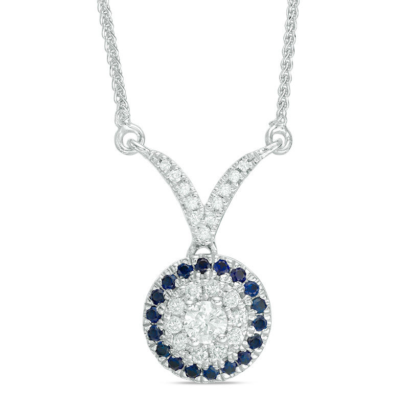 Main Image 1 of Vera Wang Love Collection 1/5 CT. T.W. Diamond and Blue Sapphire Frame Chevron Necklace in 14K White Gold - 19"
