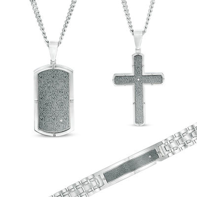 Men’s Diamond Accent Cross and Dog Tag Pendant and Bracelet Set in  Stainless Steel with Gunmetal IP