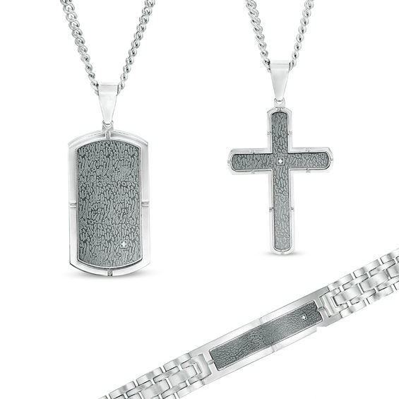 Menâs Diamond Accent Cross and Dog Tag Pendant and Bracelet Set in Stainless Steel with Gunmetal IP