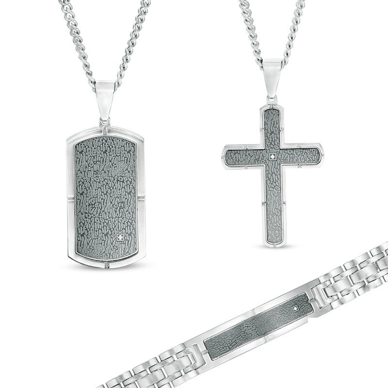 Men’s Diamond Accent Cross and Dog Tag Pendant and Bracelet Set in Stainless Steel with Gunmetal IP