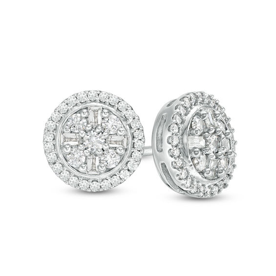 1/3 CT. T.w. Baguette and Round Composite Diamond Frame Stud Earrings in 10K White Gold