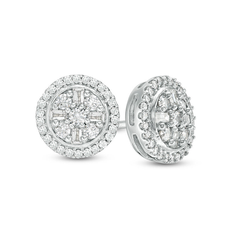 Main Image 1 of 1/3 CT. T.W. Baguette and Round Composite Diamond Frame Stud Earrings in 10K White Gold